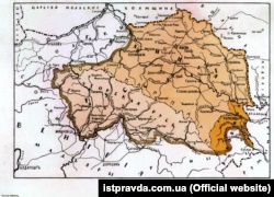 Етнографічна карта руських земель в Австро-Угорщині, яку склав у 1915 році Дмитро Вергун. На мапі позначена, зокрема, історична Галичина – із Перемишлем, Ярославом і Сяноком