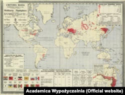 Карта «Світова мапа з розміщенням Українців по світу» Юрія Гасенка, видана в 1920 році у Відні. (Щоб відкрити мапу у більшому форматі, натисніть на зображення. Відкриється у новому вікні)