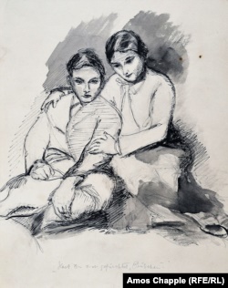Нарис із підписом «Ти злякався, малятко?» зображає Гертруду Каудерс із Корнеліусом (1916–2002), батьком Міріам Каудерс