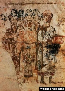 Зображення князя Святослава Ярославича (1027–1076) із родиною в Ізборнику 1073 року